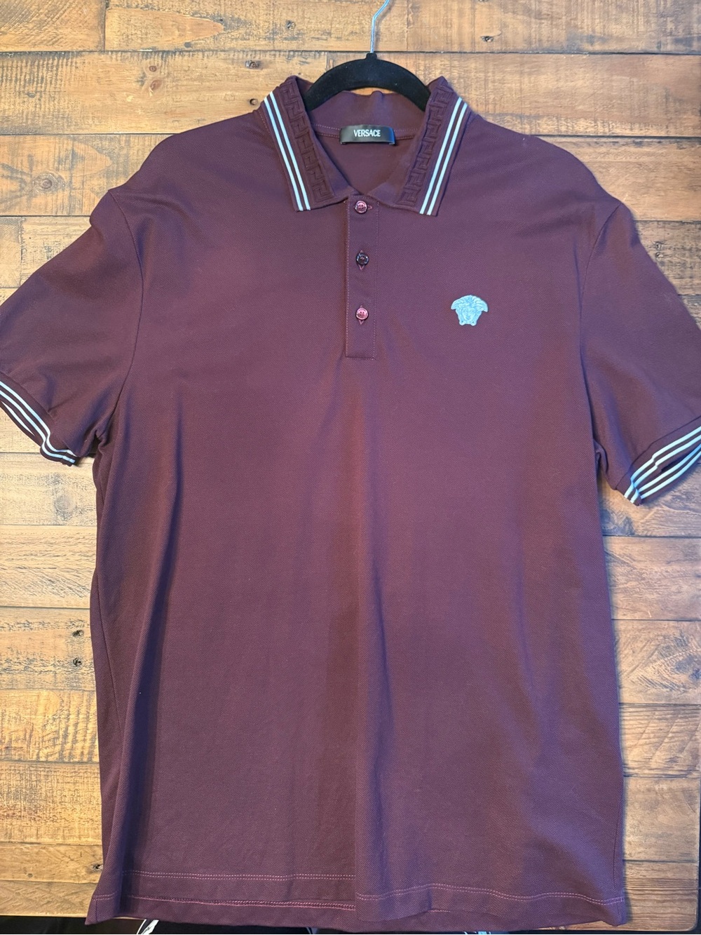 Versace Men's XL Burgundy Polo Shirt with Contrast Trim